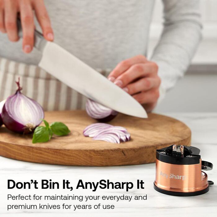AnySharp Pro металевий точильник для ножів з фіксацією PowerGrip, універсальний для всіх кухонних ножів (зубчасті, з гартованої сталі), найкраща якість, мідний метал