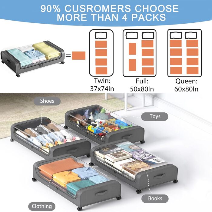 Коробка для зберігання під ліжком 2 шт. з кришкою, 48L, металевий каркас, органайзер для одягу, взуття, ковдр, постільної білизни, сірий колір