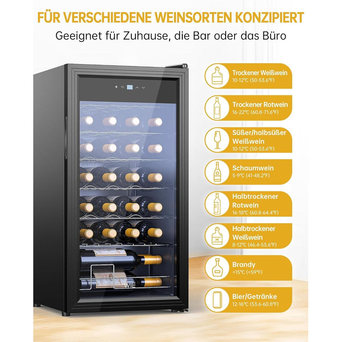 WIE 33 Liter Wine Fridge - 1 Zone Mini Wine Cooler with Glass Door & LED Touch Panel - Anti-UV Wine Storage for 28 Bottles