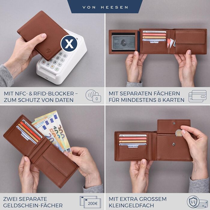 VON HEESEN Leather Wallet for Men with RFID Protection | Real Leather Wallet for Men | Coin Purse, Portemonnaie, Wallet, Brieftasche, Portmonee (Cognac Brown)