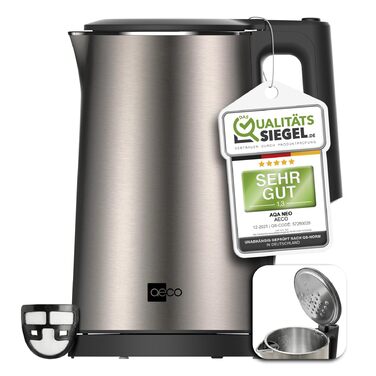 Електричний чайник Aeco AQA NEO з нержавіючої сталі, 1.7 л, 2150 Вт, без BPA, фільтр від накипу, бездротовий, CoolTouch, шампань сріблястий