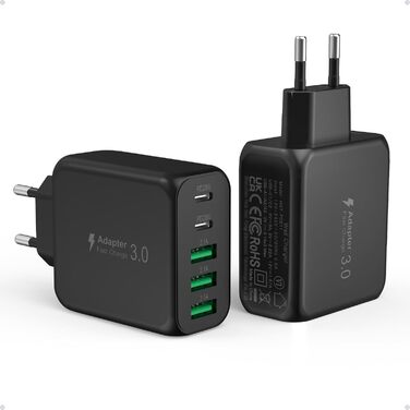 Мережевий адаптер USB C 50W 5 портів (2 USB C + 3 USB A) для iPhone, iPad, Samsung Galaxy, Google - білий/чорний