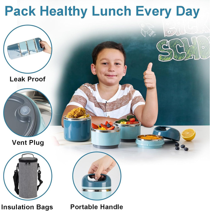 Ланчбокс Lille Home з нержавіючої сталі 1.43л, 3-рівневий, ізольований, без BPA, для їжі на виніс, підходить для жінок та чоловіків (блакитний)