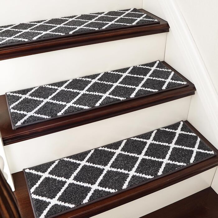 Комплект килимків для сходів COSY HOMEER (15 шт.), 70 x 22 см, антиковзаючі, самоклеючі, машинне прання, 100% поліестер, TPE-підкладка, для дітей, літніх людей та домашніх тварин, чорно-білі