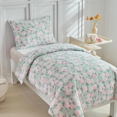 Комплект постільної білизни для дитячого ліжечка, зелений квітковий принт, 120x150 см. М'який двосторонній комплект з ковдрою та подушкою для дівчинки