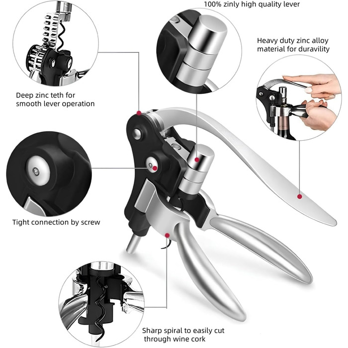 Waiter's knife, wine opener, professional corkscrew made of stainless steel, bottle opener with foil cutter, wine aerator pourer and vacuum stopper, wine accessories. (9-piece stainless steel)