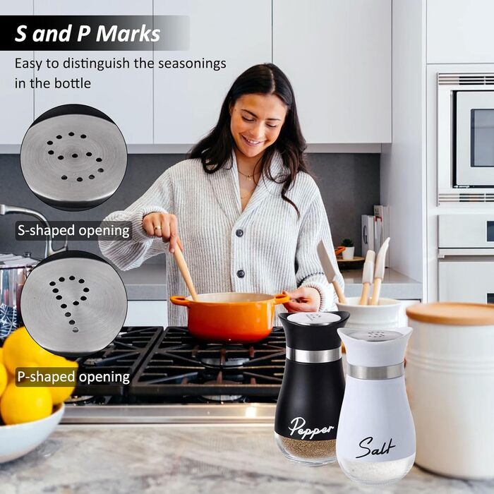 Набір солі та перцю: скляні та нержавіючі солі та перечниці для кухні, подорожей, BBQ. Чорний та білий колір.
