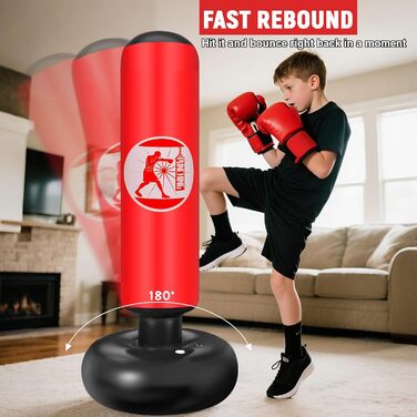 Дитячий боксерський мішок Qoosea для дітей 6-12 років, 160 см, надувний, з боксерськими рукавичками, для карате, кікбоксингу, таеквондо, MMA, червоний