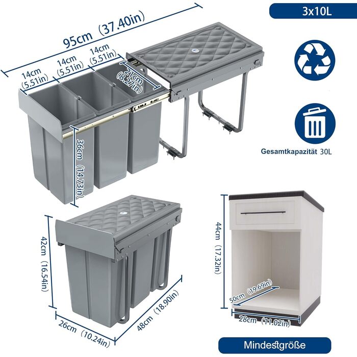 Вбудований контейнер для сміття HENGMEI для кухні, висувний, 3 секції по 10л, сірий