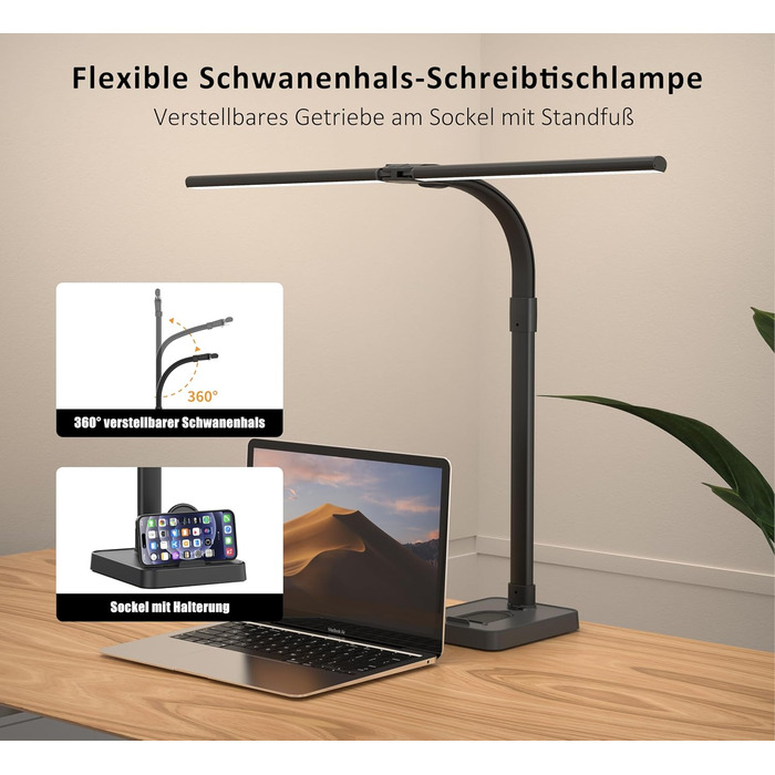 Світлодіодна лампа для столу Doppelkopf з регулюванням яскравості, 24W, 80см, для дому/офісу, денне світло, лампа для столу з шийкою-лебедем (чорна, з підставкою для телефону)