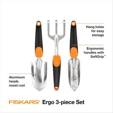 Набір садових інструментів Fiskars 3 шт: антикорозійна лопатка, граблі та культиватор для саду, ергономічні ручки, для посадки на вулиці, подарунок для жінок