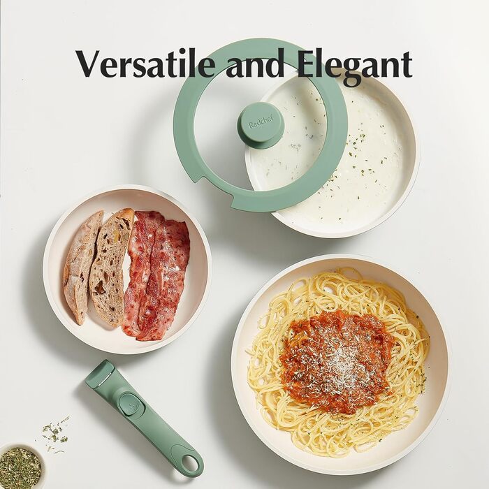 Набір посуду Redchef з 16 частин з керамічного покриття, антипригарний, для кухні, знімні ручки, без PFAS, PFOA та PTFE, для кемпінгу, можна використовувати в духовці, зелений