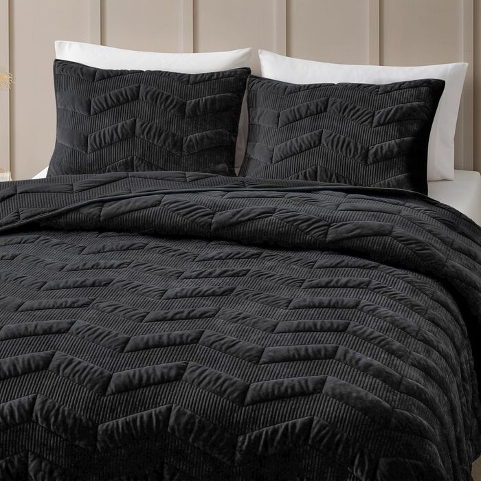 Комплект постільної білизни з велюрової стеганої ковдри SHALALA King Size (106'x94'), смугастий, всі сезони (світло-тауп, чорний)