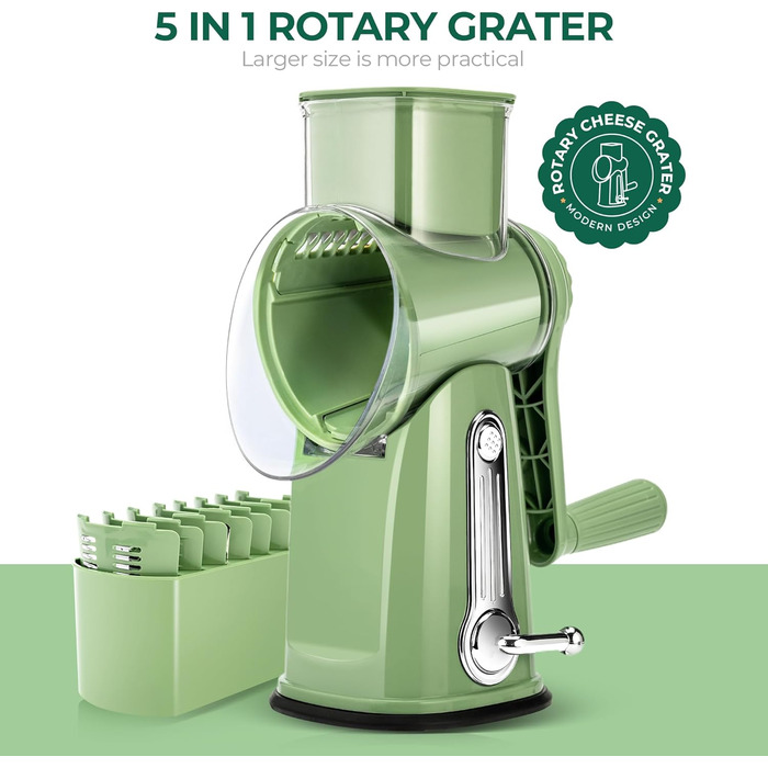 Тертка для сиру та овочів SUTEAS з ручкою - 5 насадок, потужний присосок, набір для нарізання овочів, ідеально підходить для сиру, огірків, моркви, горіхів, овочів, з коробкою для зберігання лез (Ретро-зелений)