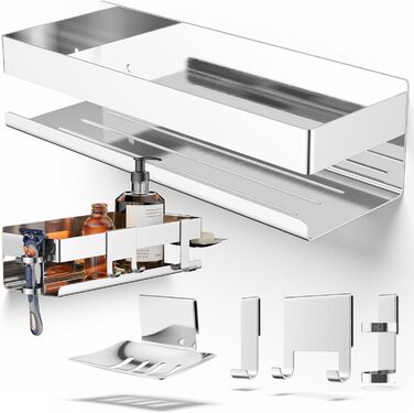 HENAL Shower Shelf SET 5 in 1, High Gloss Stainless Steel Shower Shelf No Drilling Required, Shower Shelf including Razor Holder, Squeegee Holder, Soap Dish & Hook, XXL Bathroom Organizer