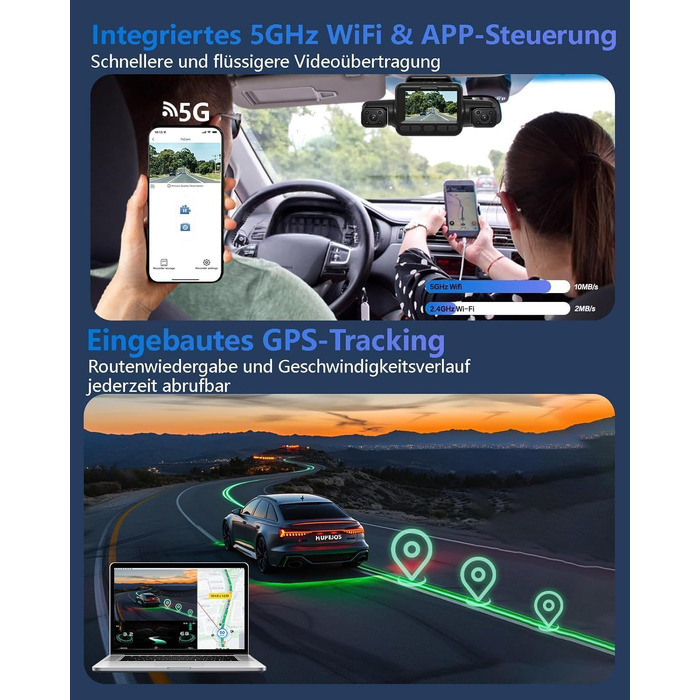 Автомобільний відеореєстратор HUPEJOS V8Pro 4K 4-канальний, 360 градусів, передня та задня камери, глянцевий чорний