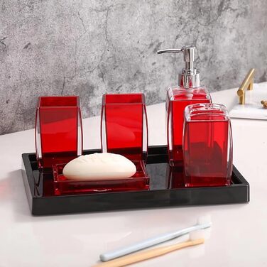 5-Piece Red Acrylic Bathroom Accessories Set, Complete Set, Lotion/Soap Dispenser, Soap Dish, Toothbrush Holder, Cup, Toilet Brush and Holder, Modern Bathroom Decor and