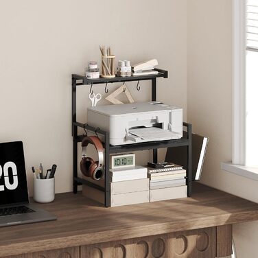 Поличка для мікрохвильової печі, кухонна поличка, 2 яруси, з підставкою для обробної дошки, органайзер з 8 гачками, чорний, ABRBN5301