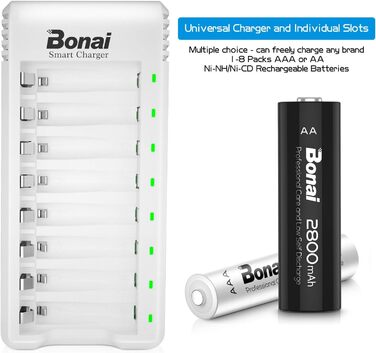 Зарядний пристрій BONAI для акумуляторів AA/AAA NI-MH з LED дисплеєм та USB, 8 слотів, швидка зарядка
