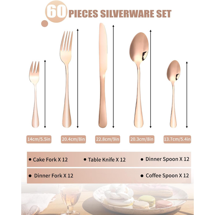 12-Person Cutlery Set, 60-Piece Gold Cutlery, High-Gloss Polished and Dishwasher Safe, Elegant Gold Cutlery, with Knife, Fork, and Spoon, for Home, Party, Restaurant (Gold Rose)