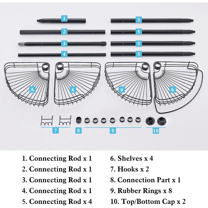 DUFU Поличка для душу та ванни кутова металева з 4 кошиками, регульована висота 73-265 см, чорна