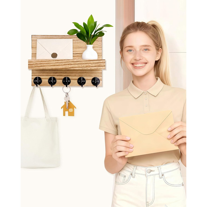 Дерев'яне ключниця з полицею на стіну, декоративне настінне кріплення для ключів, 5 гачків, для прихожої, спальні, вітальні (колір дерева)