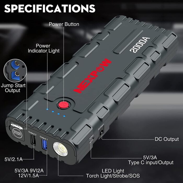 Powerbank NEXPOW Starthilfe: портативний пусковий пристрій для авто 2000A, 12V, USB-швидка зарядка 3.0 (до 7.0L бензин/6.5L дизель), LED-ліхтар, сірий