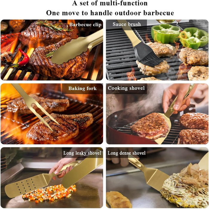 Набір аксесуарів для гриля Kyraton Gold Grill 9 шт. з титановою золотою обробкою, нержавіюча сталь з бакелітовими ручками, стійкий до високих температур, ідеальний для барбекю, тепаньякі та кемпінгу