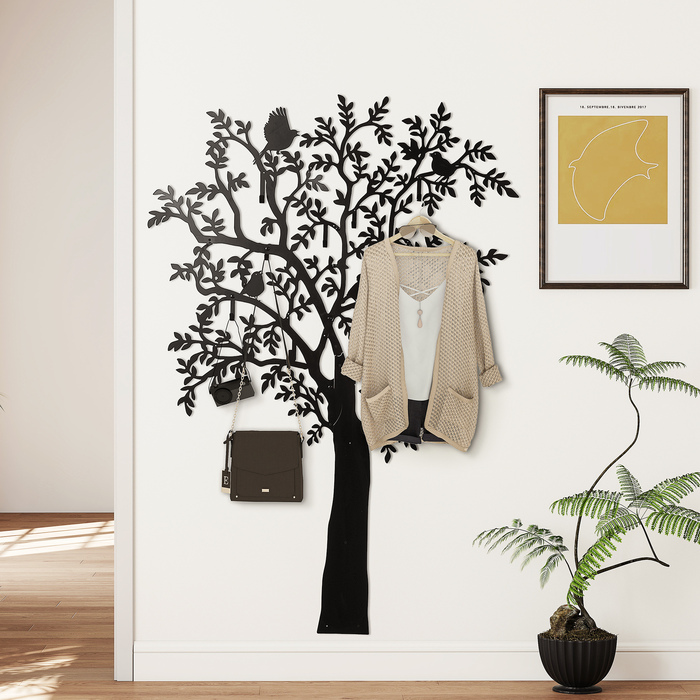 HOMCOM Coat Rack Wall-Mounted Coat Rack in Tree Shape with 4 Birds, 8 Hooks Coat Rail, Wall Decoration for Jackets, Coats, Hats, Scarves, Handbags, 120 x 175 cm, Black | Aosom