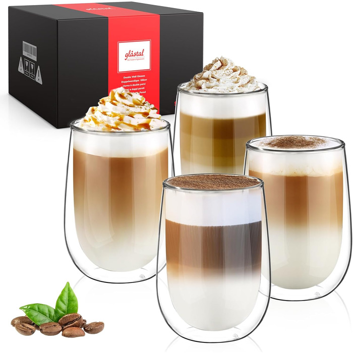 4-Piece Double-Walled Latte Macchiato Glasses, 350ml, Borosilicate Glass Coffee Cups, Glass Coffee Glasses, Tea Glasses for Cappuccino, Latte, Tea, ICE, Iced Tea, Iced Americano, Milk, Juice, Beer