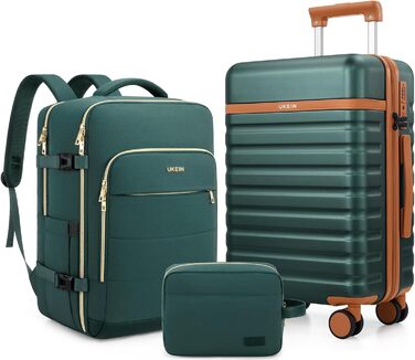 Набір валіз UKEIN 3 шт. з PC корпусом, міцний дорожній набір, ручна поклажа з TSA замком, 4 спіннер колеса, рюкзак та косметичка (3 шт.) (Темно-зелений)