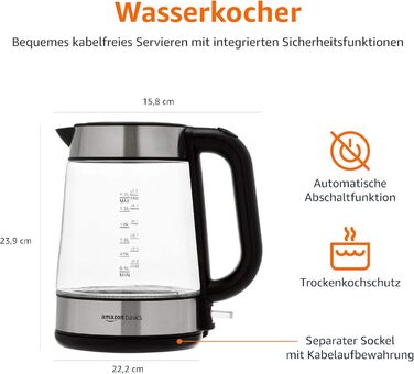 Amazon Basics Electric Glass Kettle, 1.7 L, 2200 W, Black, Silver