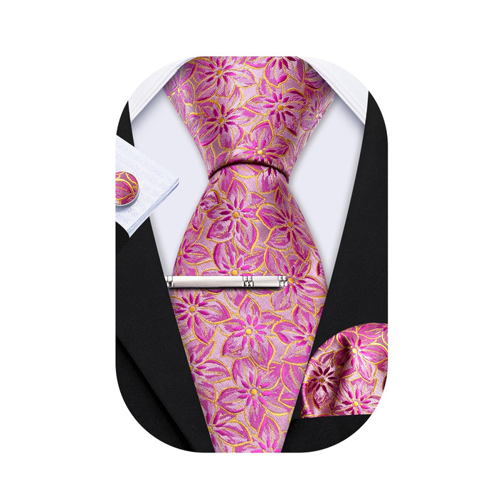 Набір краваток Barry.Wang: краватка, кишеньковий хустинка та запонки. Офісний стиль, рожевий колір з квітковим візерунком для весілля