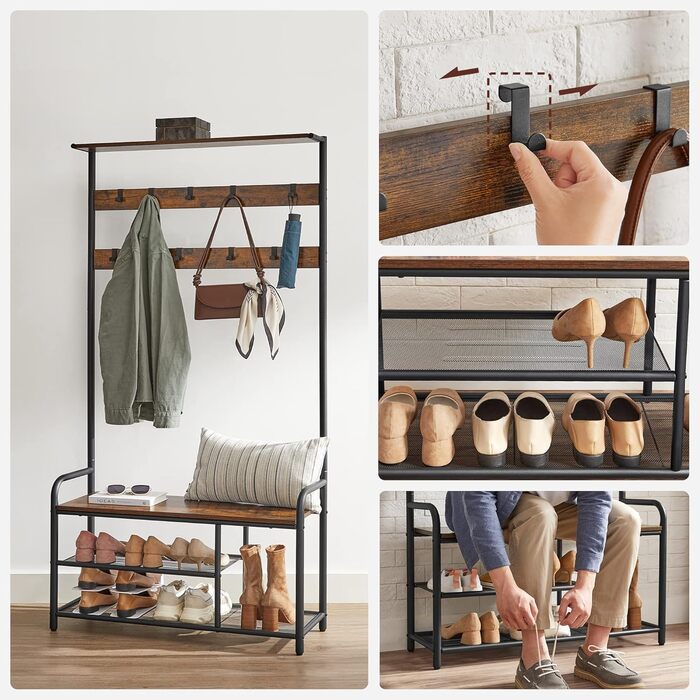 VASAGLE Coat Rack, Coat Stand, Clothes Rack with 9 Hooks, Shoe Bench, Shelf, 30 x 85 x 180.5 cm, for Entryway, Bedroom, Small Apartments, Industrial Design, Vintage Brown-Black HSR409B01