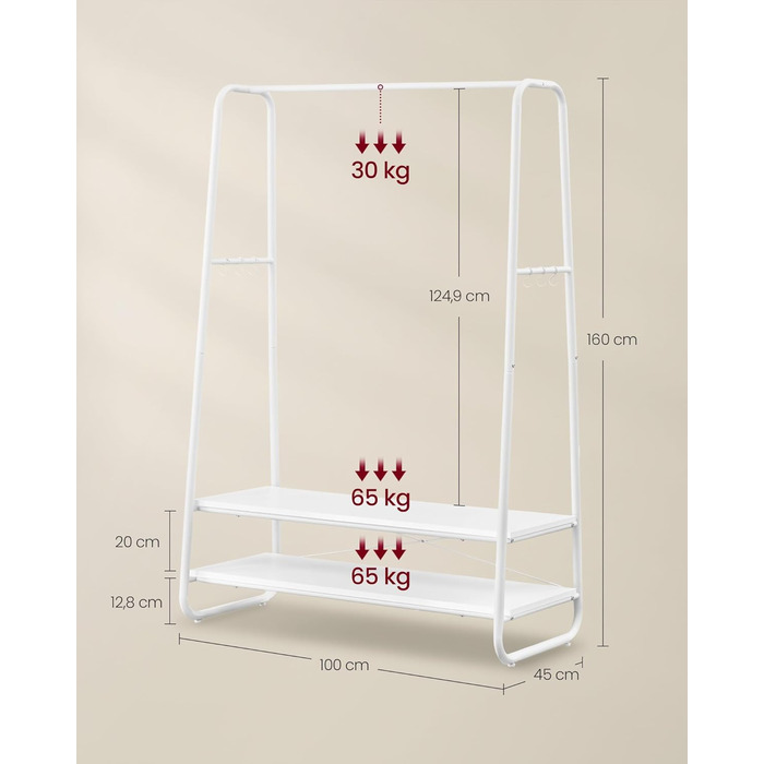VASAGLE Clothes Rack, Coat Stand, Wardrobe, 2 Shelves, 6 S-Shaped Hooks, Steel Frame, for Bedroom, Hallway, Entrance Area, Cloud White-Matt White RGR112W02