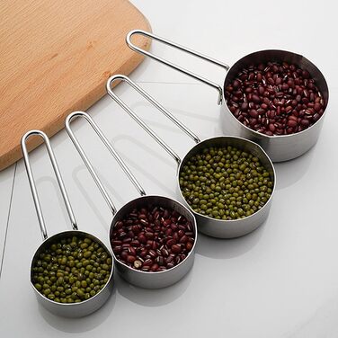 8-Piece Measuring Cup and Spoon Set, 4 Measuring Cups with Handles and 4 Coffee Measuring Spoons, Stainless Steel, Non-toxic, Rust-proof, Well-made, Professional Kitchen Measuring Set, Silver