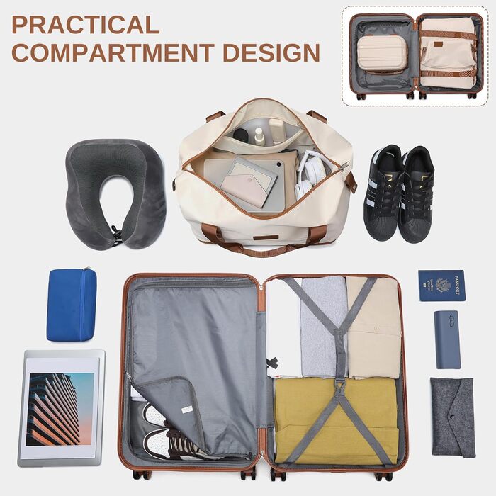 Набір валіз KONO 4 в 1: велика валіза, ручна поклажа 55 см, косметичка та сумка для подорожей (кремово-білий)