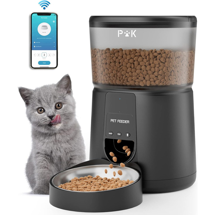 Автоматичний годівниця для котів PUPPY KITTY з камерою 1080P, WiFi, моніторингом відео та аудіо, нічне бачення, миска з нержавіючої сталі, 1-8 прийомів на день (Чорний)