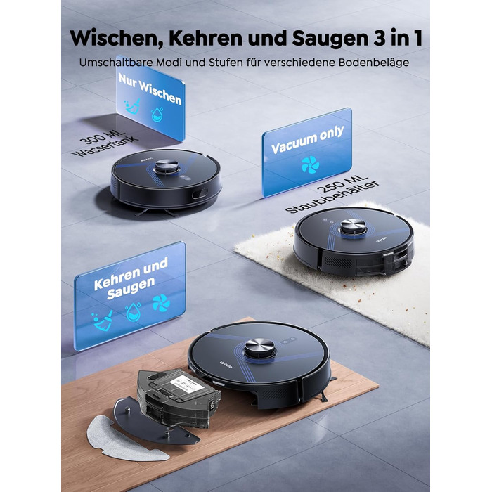 Робот-пилосос Vyzzle з функцією миття 5500 Pa, станція самоочищення 3.5L, для шерсті тварин, твердих підлог та килимів, керування через додаток, голосове керування Alexa та Google Assistant (чорний)