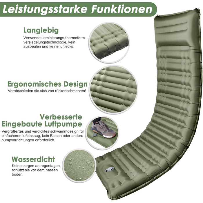 Arlierss Self-Inflating Camping Sleeping Pad with Foot Pump & Pillow - 12cm Thick, Ripstop, Portable, Outdoor, Hiking, Travel, Beach - Army Green