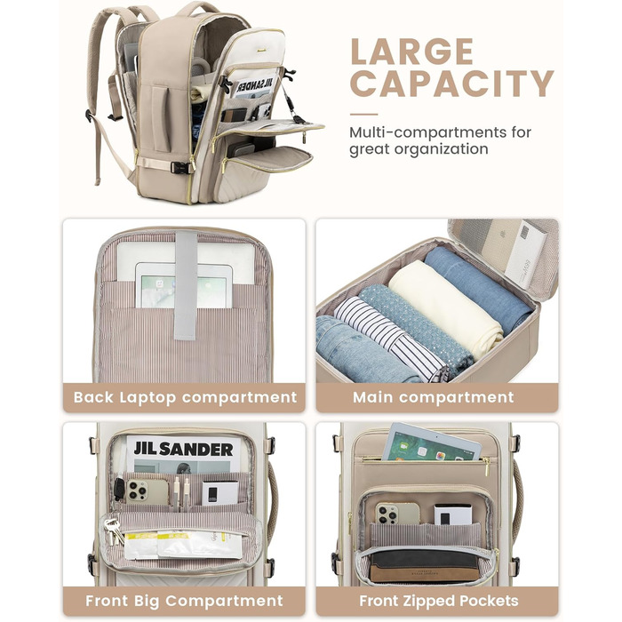Рюкзак LOVEVOOK для ручної поклажі в літак, 40L, жіночий, водонепроникний, з відділенням для ноутбука 17 дюймів, для подорожей, роботи, хайкінгу, оливково-бежевий