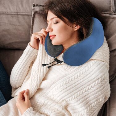 Подушка для шиї Eono з піною Memory Foam, ергономічна, для подорожей, з маскою для сну та навушниками, сумка, темно-синій