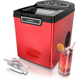 Stainless steel ice maker, ice cube maker, ice maker machine 1.8 Liter ice cube maker, ice cream machine with cooling, ice cube sizes small and large, status LEDs ABS BPA free, silver stainless steel (D: Red)