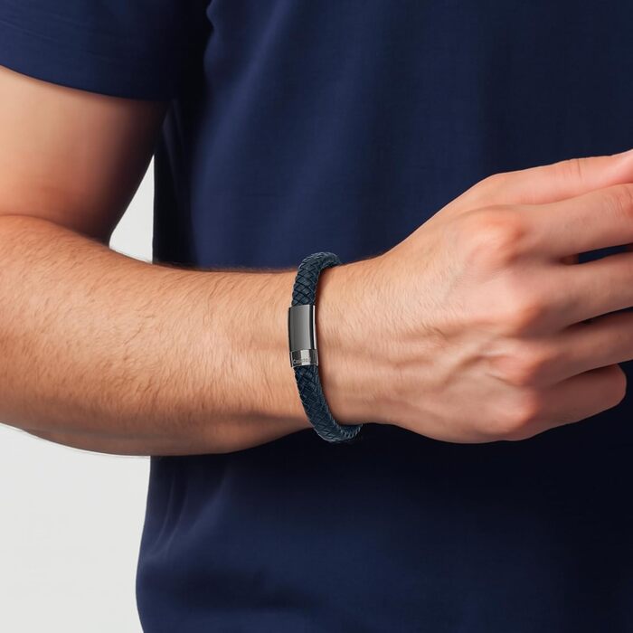 Браслет чоловічий шкіряний плетений Lederarmband з гравіюванням та магнітним застібкою (20 см, синій)