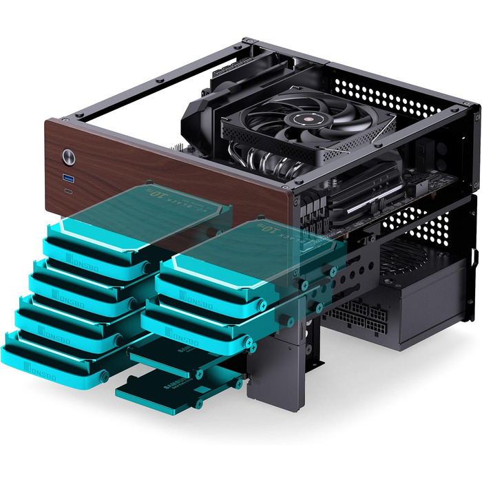 Корпус Jonsbo N4 NAS чорного кольору – компактний Micro-ATX корпус для саморобних NAS, підтримка 6x 3.5' та 2x 2.5' HDD, 4 слоти Low-Profile, USB-C & USB-A, дерев'яний дизайн