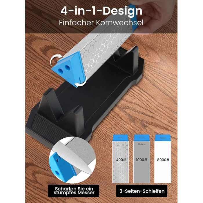 Набір точильних каменів 3-ох сторін, з бруском для заточування, 400/1000/5000 гріт, з нековзною підкладкою, кутовою наставкою та шкіряним ремінцем (діамантовий камінь блакитний)