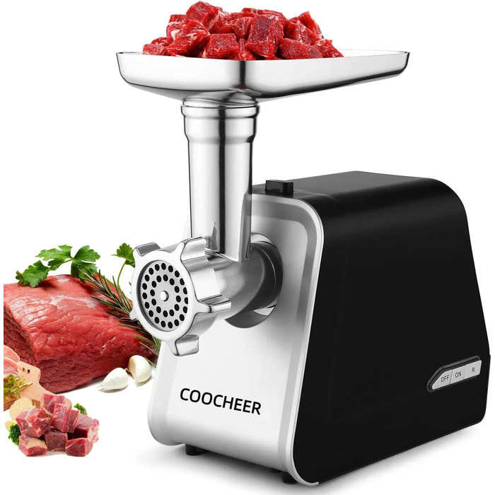 Електричний м'ясоподрібнювач COOCHEER 2000W з 3 дисками та насадкою для ковбас сірого кольору