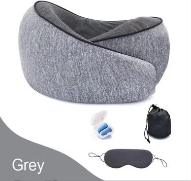 Подушка для шиї з Memory Foam - Ергономічна подушка для подорожей з маскою для очей, навушниками та чохлом (Рожева, Сіра)