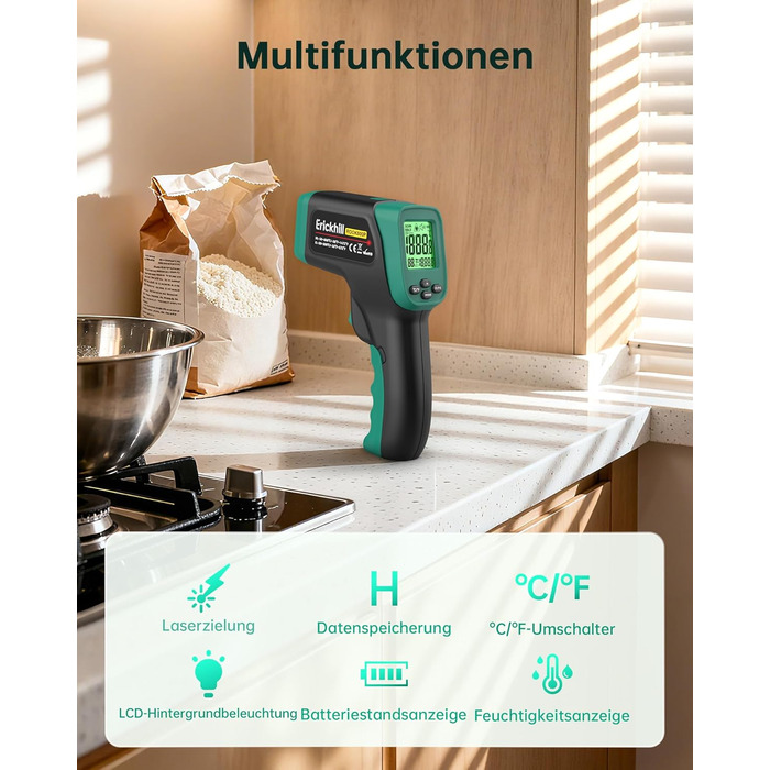 Інфрачервоний термометр ERICKHILL -50°C до 800°C, безконтактний цифровий лазерний термометр з щупом для м'яса -50°C до 300°C, регульований коефіцієнт випромінювання – для приготування їжі/грилю/заморожування