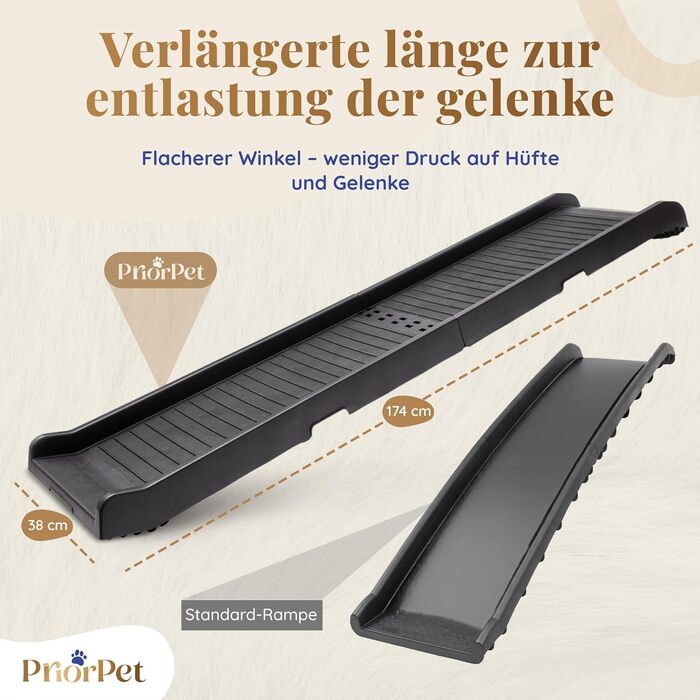 Східці для собак у машину – складані, 174 см, 38 см, з гумовим покриттям – для великих собак, підходить для авто та SUV – вантажопідйомність 85 кг – темно-сірий колір